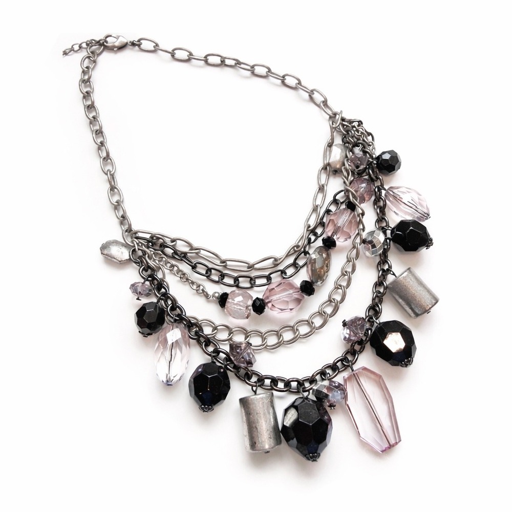 Chicos Layered Statement Necklace Womens OS Black Silver Rocker Glam Edgy Goth
